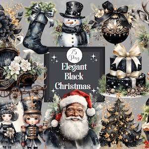 Aquarel elegante zwarte kerst clipart bundel kerst graphics voor scrapbook en digitale planner kerstkaart vakantie gezellige graphics