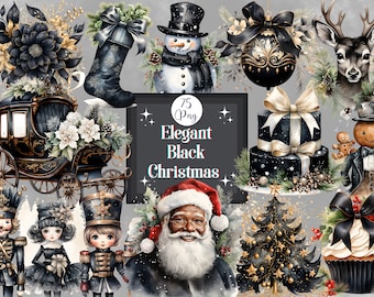 May include: A collection of 75 black and gold Christmas illustrations, including a carriage, a snowman, a reindeer, a gingerbread man, a nutcracker, a Christmas tree, a cupcake, and a Santa Claus. The illustrations are in a watercolor style and have a vintage feel.