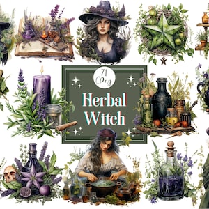 Watercolor Witch Clipart Bundle: 71 PNG Graphics for Scrapbooking (Digital Download
