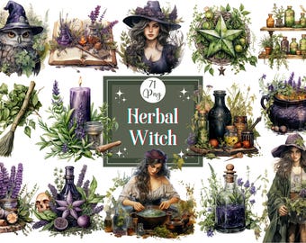 Watercolor Witch Clipart Bundle: 71 PNG Graphics for Scrapbooking (Digital Download