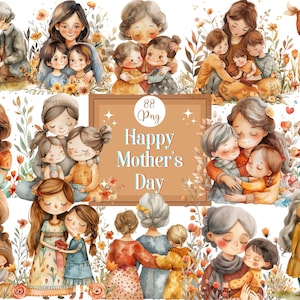 Watercolor Happy Mothers Day Clipart Bundle Boho Mothers Day Scenes Family Clipart Floral Mothers Day Graphics Junk journaling Scrapbooking