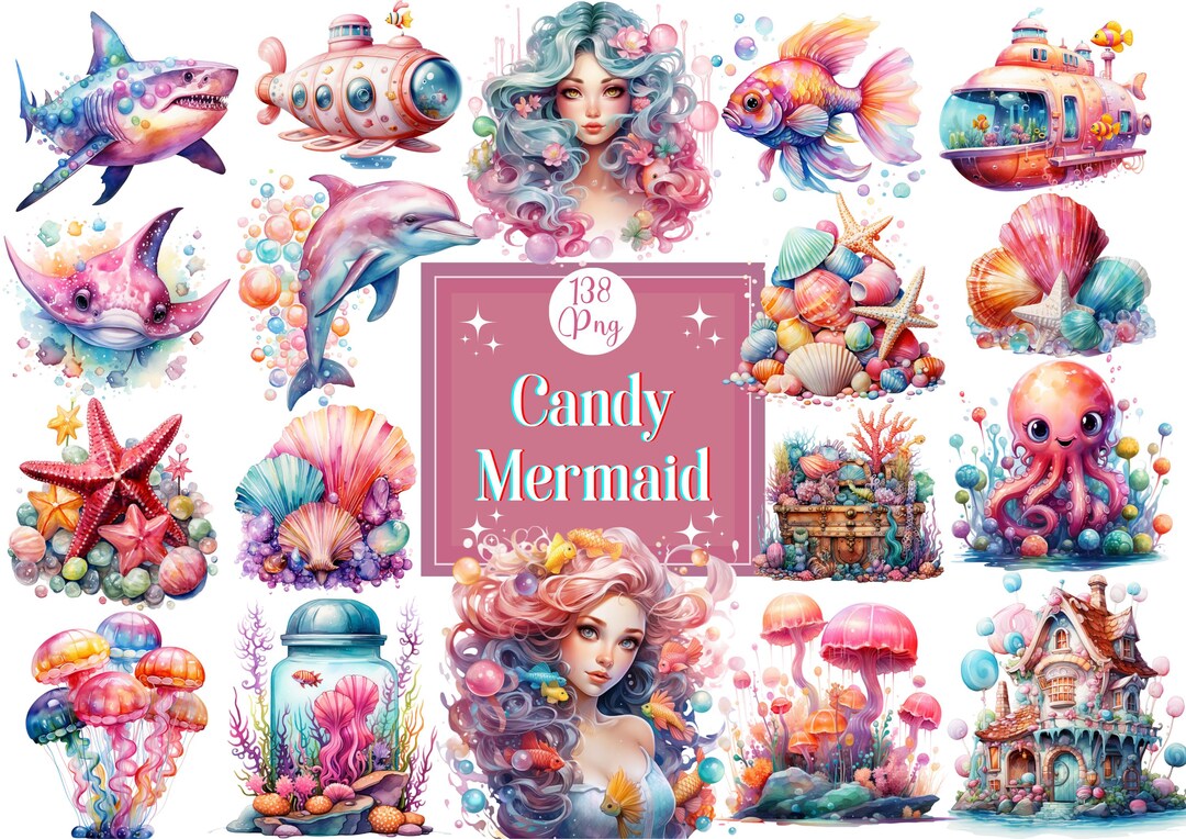Watercolor Candy Mermaid Clipart Bundle: Sea Life Graphics (digital ...