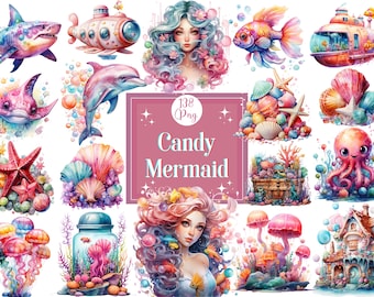 Watercolor Candy Mermaid Clipart Bundle: Sea Life Graphics (Digital Download)