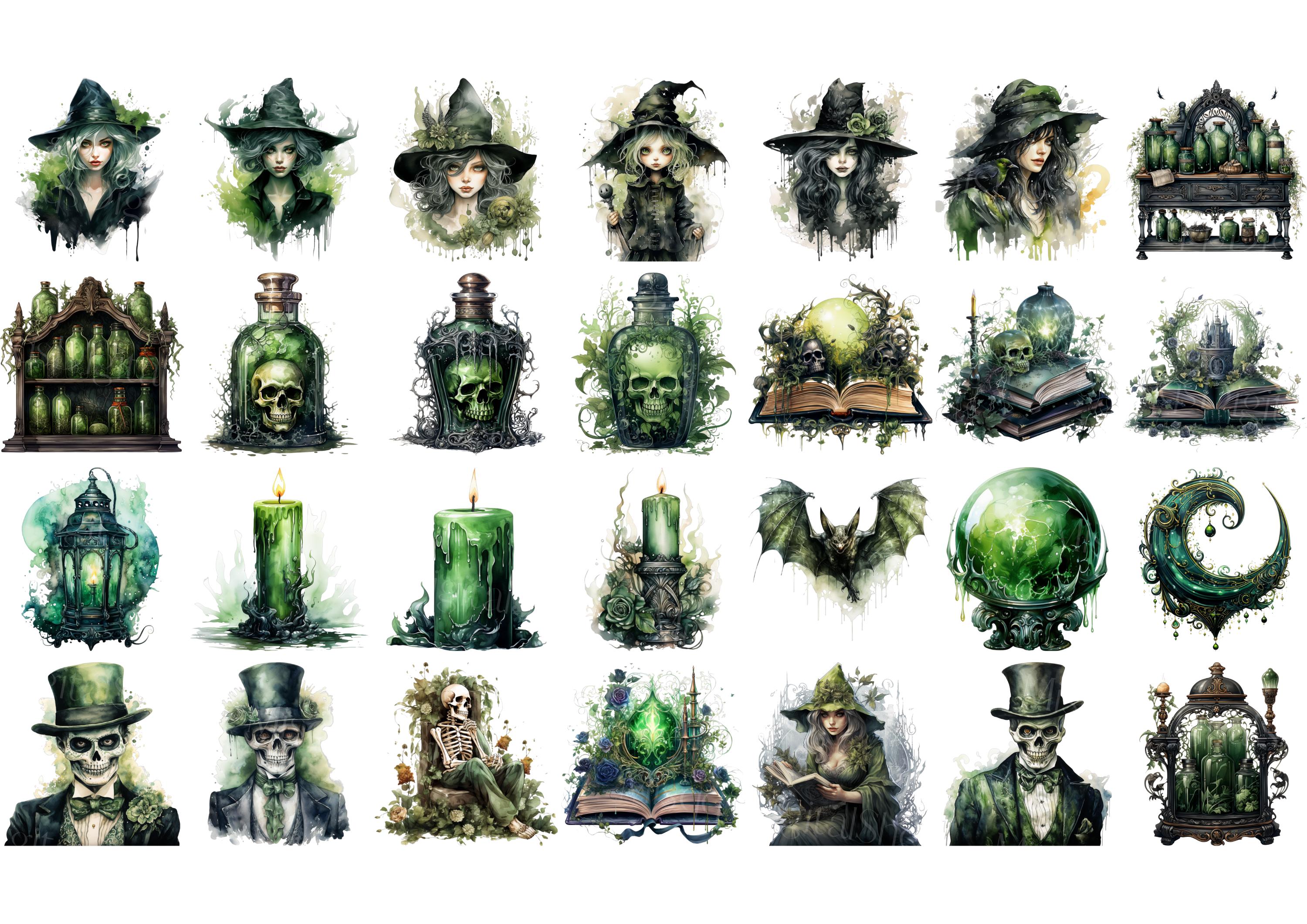 Watercolor Green Witch Clipart Bundle: Gothic Pagan PNG Graphics ...