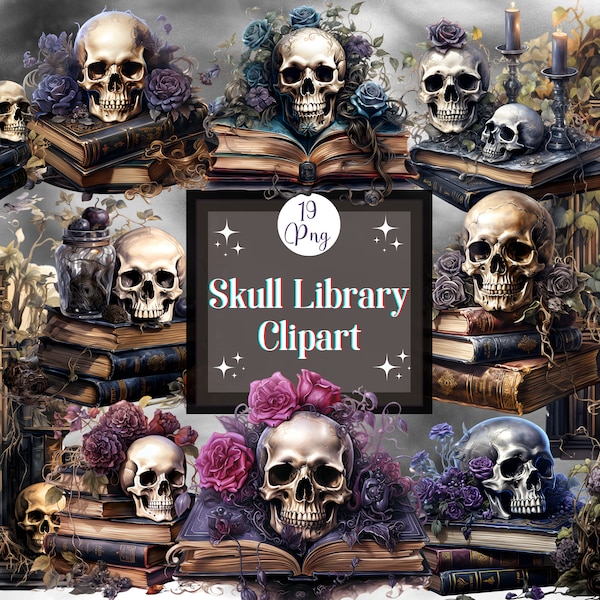 Watercolor Gothic Skull Library Clipart for Scrapbooks Mystical Clipart Bundle for Digital Planner Open Book Clipart Fantasy Books Clipart
