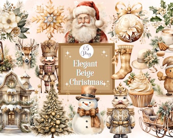 Watercolor Christmas Clipart Bundle: Beige Holiday Graphics (Digital Download)