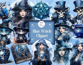 Blue Witch Clipart Bundle: Watercolor Witchcraft PNG Stickers (Digital Download)