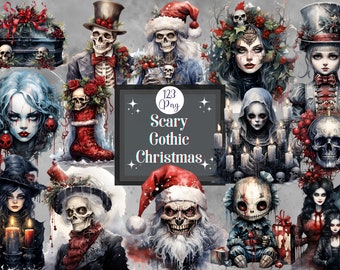 Op de afbeelding: Een digitale collage van griezelige gotische kerst-illustraties met skeletten, schedels, geesten en andere enge figuren. De tekst "123 Png Scary Gothic Christmas" staat in het midden van de afbeelding.