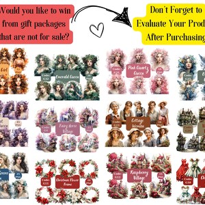 Pu&ograve; includere: Un collage di immagini digitali che presentano vari design, tra cui un abito di Natale, un cottage, un villaggio di cavalli fatati e una cornice di fiori natalizi. Le immagini sono etichettate con codici e il numero di file PNG inclusi. Il testo "Non dimenticare di valutare il tuo prodotto dopo l'acquisto" &egrave; visualizzato in una casella gialla.