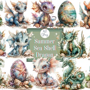 May include: 43 digital illustrations of summer sea shell dragons. The dragons are depicted in various poses and colors, with seashells and other ocean-themed elements. The illustrations are perfect for crafting, scrapbooking, and other creative projects.
