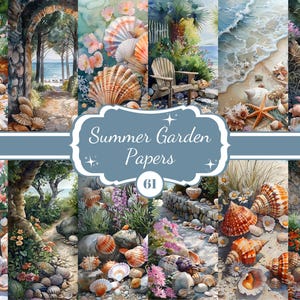 May include: A collage of digital papers featuring seashells, flowers, and a beach scene. The papers are titled "Summer Garden Papers 61".