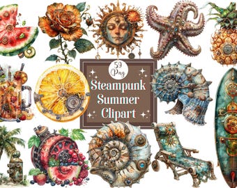 Watercolor Steampunk Summer Clipart: Industrial Graphics (59 PNG)