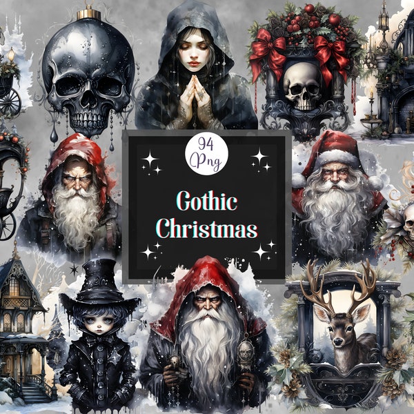 Gothic Christmas Watercolor Clipart Bundle for Scrapbook Digital Planner Christmas Card Creepy Christmas Horror Christmas Black Christmas