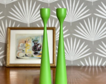 Pair of Vintage Illums Bolighus Green Candleholders - In Perfect Condition, Made in Denmark of Wood - Danish Modern