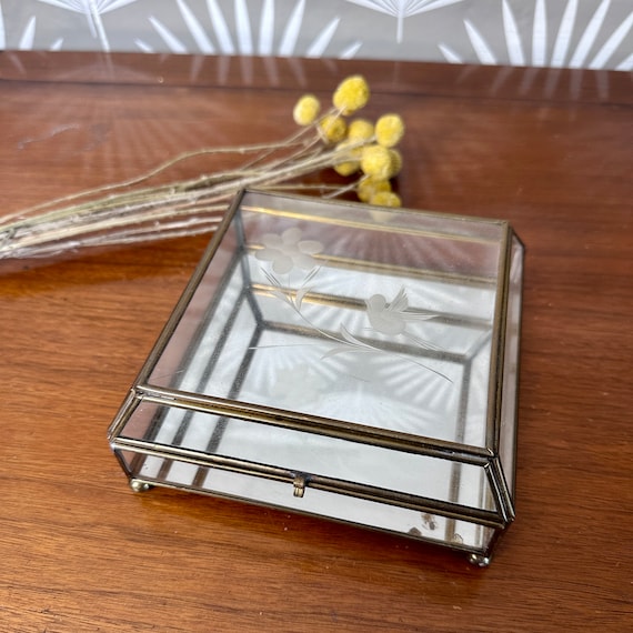 Mid Century Glass and Brass Jewelry Box with Bird… - image 1