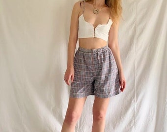 90s Pastel Plaid Cotton Shorts - XS to Small