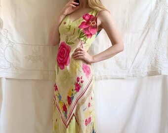 Y2K Floral Patchwork Scarf Chiffon Bias Cut Sundress - Medium