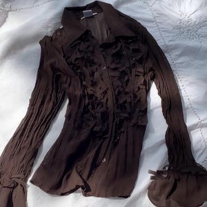 Y2K Sheer Crinkle and Tassel Dark Chocolate Brown Blouse - XS to Medium