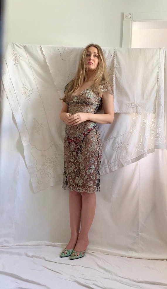 【高額売筋】 90s Collette Dinnigan Sheer Black and Iridescent Lace Dress ワンピース