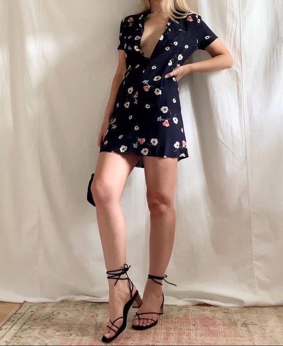 90s Navy Button Down Floral Mini Dress - XS to Small