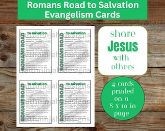 Puede incluir: Cuatro tarjetas de evangelismo verdes y blancas con el texto "Romans Road to Salvation" y versículos bíblicos. Las tarjetas están impresas en una página de 20,32 x 25,4 cm.