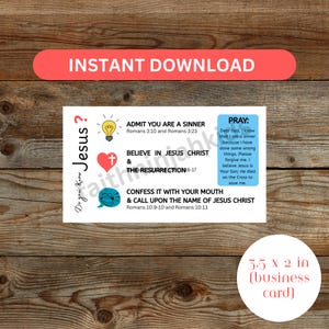 Könnte beinhalten: Eine weiße Visitenkarte mit religiösem Text und Symbolen, darunter eine Glühbirne, ein Herz und eine Sprechblase. Die Karte enthält den Text "SOFORT-DOWNLOAD" und misst 8,9 x 5,1 cm.