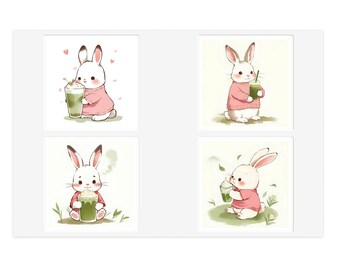 Cute Bunny Drinking Matcha Sticker Sheet