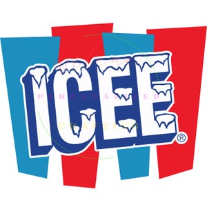 May include: The ICEE logo, a registered trademark, is displayed against a backdrop of red and blue vertical stripes. The word "ICEE" is in bold, white letters with a blue outline, and a snow-like effect on top.