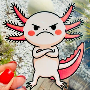 May include: A clear sticker featuring a cartoon axolotl with a grumpy expression, crossed arms, and pink external gills. The axolotl has a pale body, bright pink cheeks, and a pink tail with a white stripe, all outlined in bold black lines.