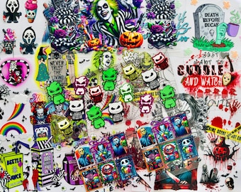 May include: A collage of Halloween-themed stickers featuring characters and imagery from horror movies and pop culture. Includes images of Beetlejuice, Jack Skellington, and Jason Voorhees, along with text that reads "Death Before Decaf" and "I just want to cuddle and watch".