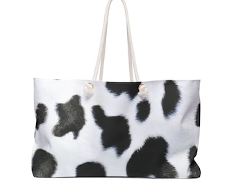 Cow Print Weekender Tote Bag: Oversized Travel Bag with Rope Handles