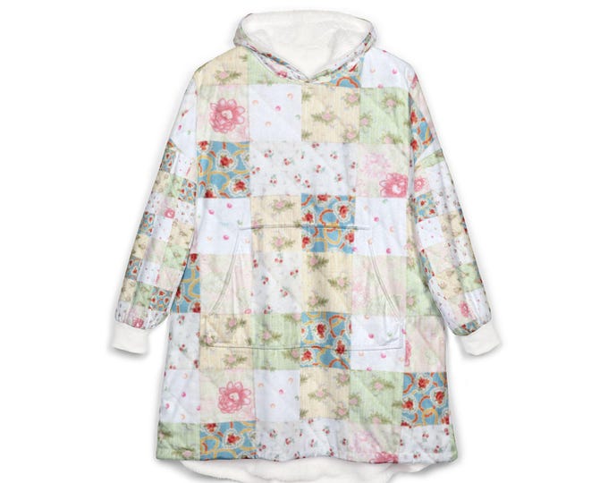 Featured listing image: Pastel Floral Patchwork Hooded Blanket | Cozy Quilt Shawl