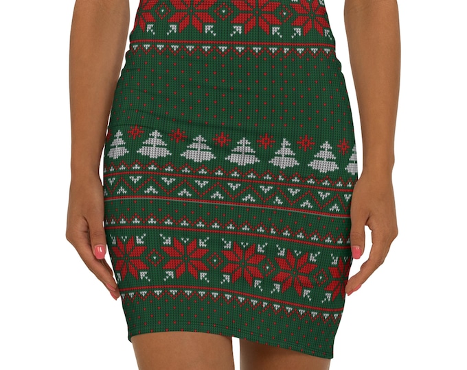 Featured listing image: Christmas Fair Isle Pencil Skirt | Holiday Poinsettia Print