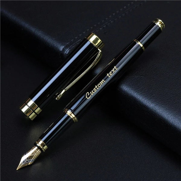 Custom Fountain Ink Pen. Gold Letters Laser-Engraved Personalized Text on Black Metal Body. Perfect birthday gift for friends & loved ones.