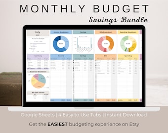 Monthly Budget Spreadsheet with Savings Tracker and Bill Tracker | Google Sheets Budget Template | Digital Budget Planner
