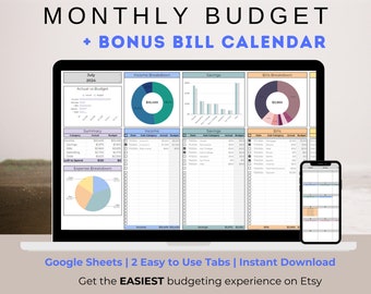 May include: A laptop screen displaying a Google Sheets spreadsheet with a monthly budget template. The spreadsheet has tabs for income, expenses, savings, and bills. The template includes charts and graphs to visualize financial data. A phone screen displays a bill calendar. The text on the laptop screen reads "MONTHLY BUDGET + BONUS BILL CALENDAR" and "Google Sheets | 2 Easy to Use Tabs | Instant Download Get the EASIEST budgeting experience on Etsy."