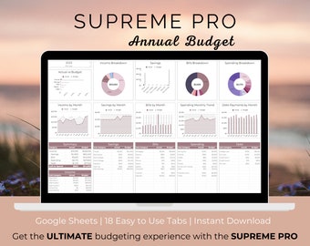 May include: A laptop screen displaying a Google Sheets spreadsheet with a pink and gray color scheme. The spreadsheet is titled "SUPREME PRO Annual Budget" and includes charts and tables for tracking income, expenses, savings, and debt. The spreadsheet is designed to help users manage their finances.