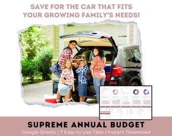 May include: A family of four is loading a black SUV with luggage. The text "SAVE FOR THE CAR THAT FITS YOUR GROWING FAMILY'S NEEDS!" is at the top of the image. The text "SUPREME ANNUAL BUDGET Google Sheets | 7 Easy to Use Tabs | Instant Download" is at the bottom of the image.
