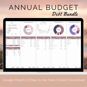 Annual Budget Spreadsheet with Debt Tracker | Monthly Budget Spreadsheet | Google Sheets Budget Template | Digital Budget Planner