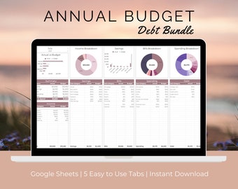 Annual Budget Spreadsheet with Debt Tracker | Monthly Budget Spreadsheet | Google Sheets Budget Template | Digital Budget Planner