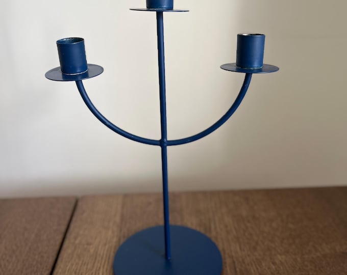 3-armed blue metal Candelabra. Scandinavian style.