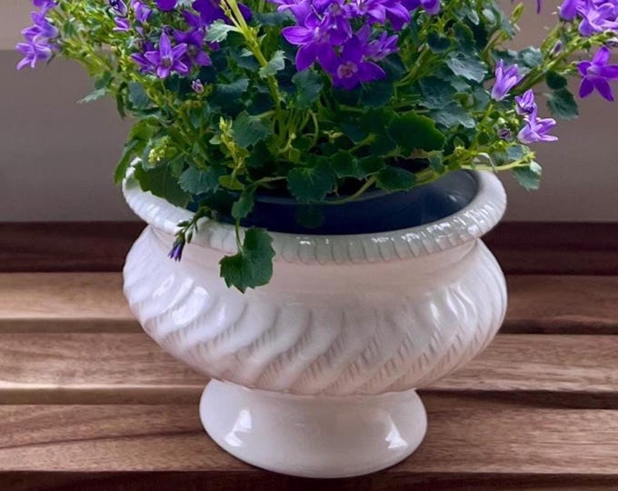 White vintage ceramic planter pot, traditional classic style, made in Germany.