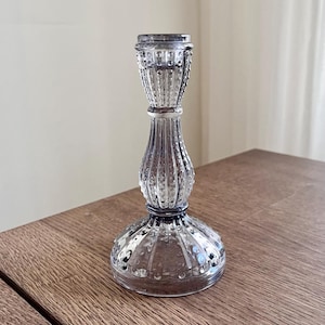 Vintage Embossed Glass Candlestick - Smoky Grey Scandinavian Decor