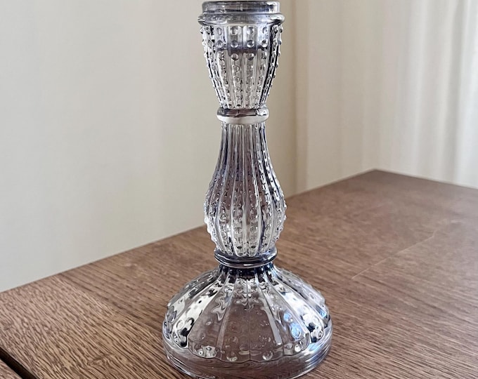 Vintage glass candlestick, with embossed glass decorations. Scandinavian home decor. Nordic home decor.