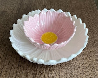 Flower Ceramic Plate Set: Pink and White Stoneware, Scandinavian Design