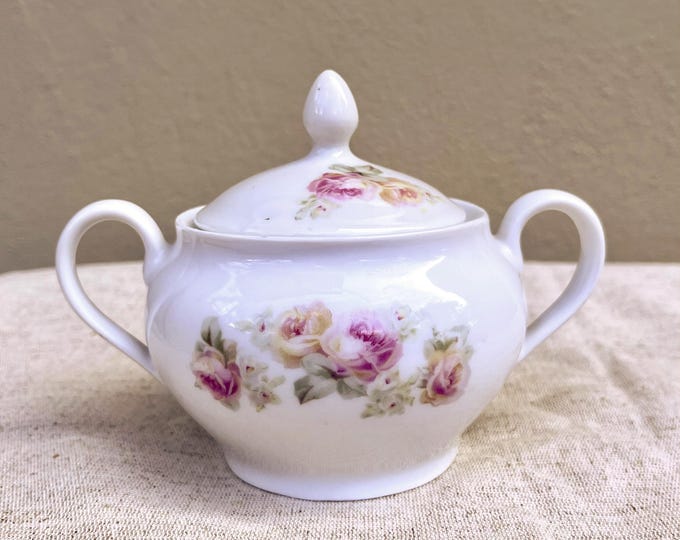 Vintage Porcelain Sugar bowl with floral pattern from 1900s. ALP Lidköping ceramic. Made in Sweden.