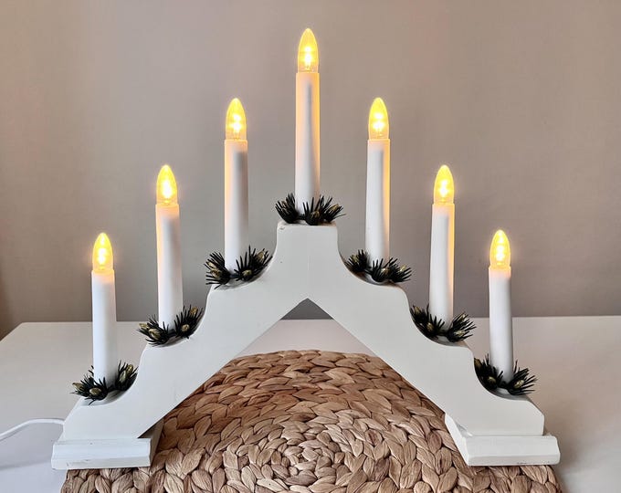 Electric White Advent Candelabra. Vintage Konstsmide 7-Light Scandinavian Christmas Candelabra, Original Box