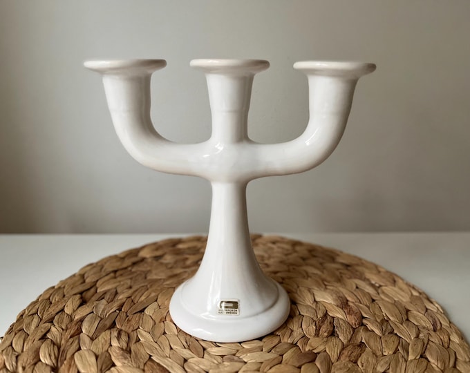 White ceramic 3-armed candleholder, Guldkroken ceramic. Swedish design.
