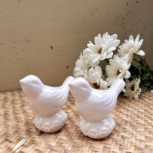 May include: Two white ceramic bird figurines. Each bird is perched on a cloud-like base. The birds have a smooth, glossy finish. White flowers are in the background, and the figurines are on a woven surface.