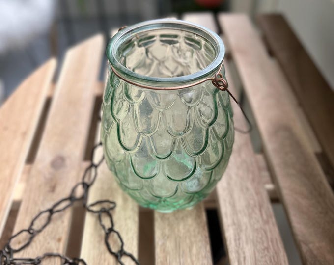 Vintage glass tea-light holder, with hanging chain and handmade metal handle. Scandinavian Design